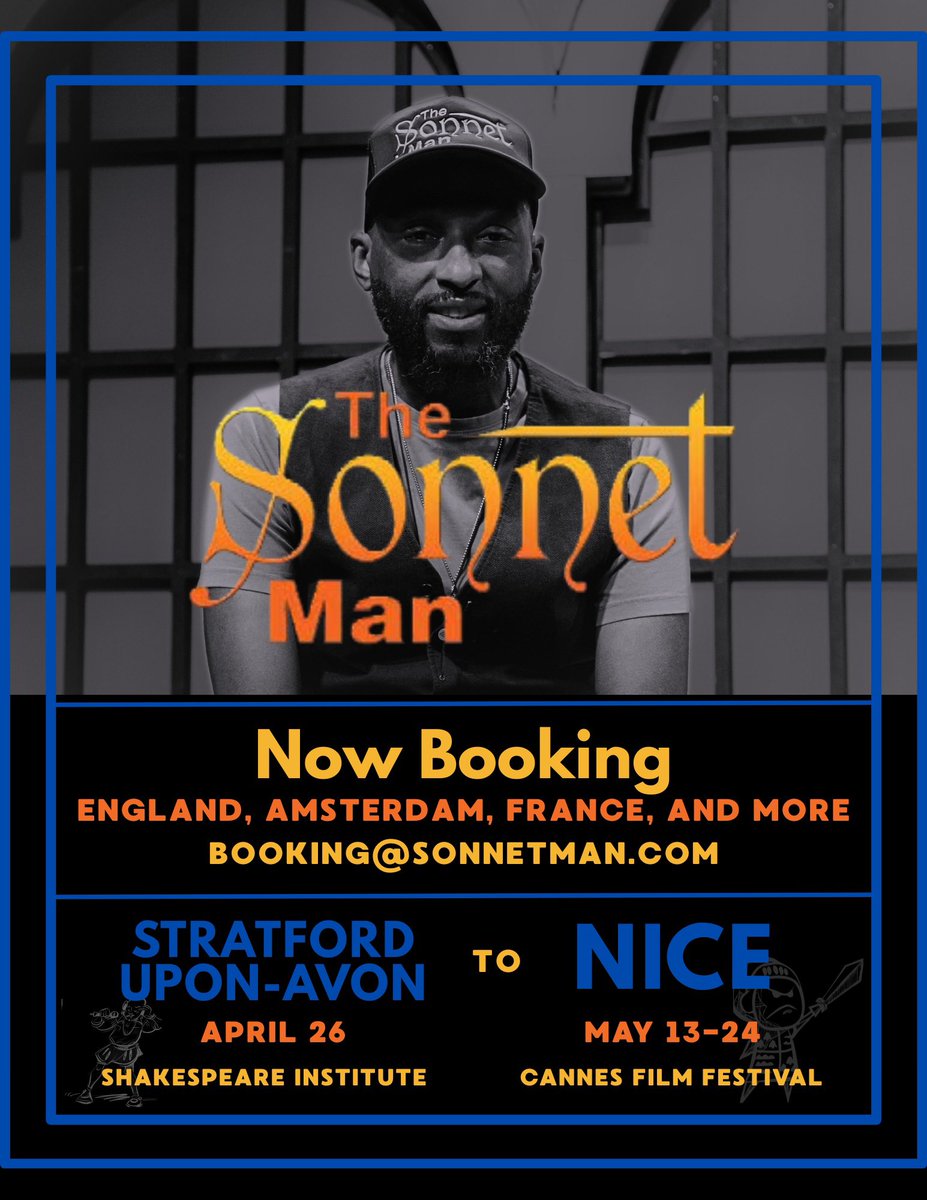 The Sonnet Man (@thesonnetmannyc) on Twitter photo Now booking for the
2025 Antic Disposition Tour!
A limited number of slots are available:
UK (April 28-May 1)
Amsterdam (May 3-8)
Other select locations (May 9-12)
Email
booking@sonnetman.com or visit SonnetMan.com for more information. Now booking for the
2025 Antic Disposition Tour!
A limited number of slots are available:
UK (April 28-May 1)
Amsterdam (May 3-8)
Other select locations (May 9-12)
Email
booking@sonnetman.com or visit SonnetMan.com for more information.