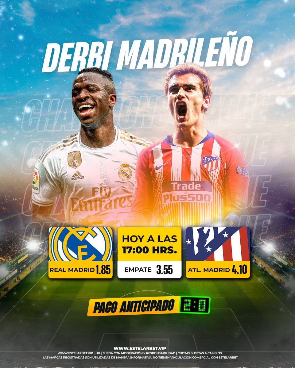 ✨⚽¡HOY, HOY, HOY! Derbi Madrileño ✨⚽ con lo mejor de los octavos de final de la Champions League. ¡Ojito a la cuotaaaa! No te lo puedes perder 😉 

#Derbi #ChampionsLeague 🏆
