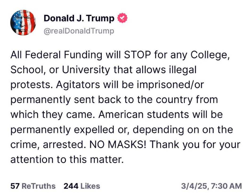 BenjaminNorton's tweet photo. When Trump and US conservatives say they support "freedom of speech", they mean billionaire oligarchs like Jeff Bezos, Elon Musk, &amp; Rupert Murdoch are free to buy up every media platform and choose which voices are amplified.

Students who protest the US regime will be imprisoned https://t.co/Y3vv85m2FD