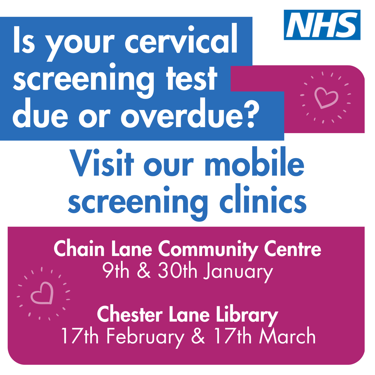 St Helens Public Health team would like to remind you that the final free cervical screening service will be outside Chester Lane Library on 17th March,10.30am-4pm. This is a walk-in clinic with no appointment required for women to have their cervical screening.