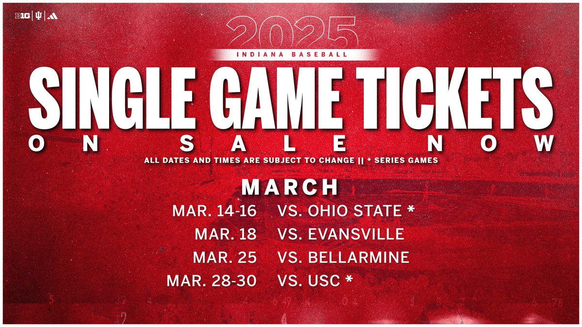 IndianaTix's tweet image. Big Ten Baseball is back! First home series of conference play starts on March 14th! Get your Single Game tickets for @IndianaBase now!
🎟️iuhoosiers.evenue.net/events/BBSG