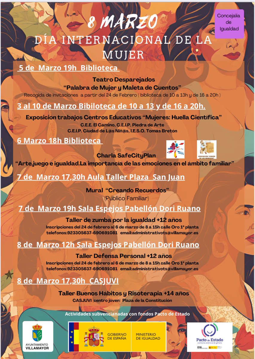 AytoVillamayor's tweet photo. ℹ️ Comienzan las Actividades conmemorativas del #díadelamujertrabajadora. 

ℹ️ Os dejamos la 📰programación que, con diversos actos,  quieren poner de manifiesto el papel de la mujer 👩‍🏭👩🏻‍⚕️👷‍♀️en el ámbito laboral y los logros 💪💪💪que se han conserven los últimos años. 

#villamayorizate #Diainternacionaldelamujervillamayor #villamayoresigualdad