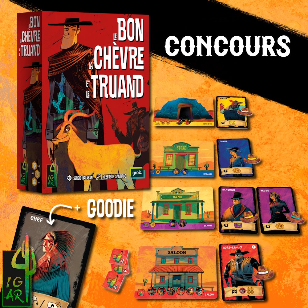 IgiariGames's tweet photo. 🐐Le bon la chèvre et le truand sort ce vendredi.

🎁 Vous voulez gagner le jeu ?

➡️ Suivez @IgiariGames + citez ce post en taguant les personnes avec qui vous voulez y jouer,
⏱️ Fin du jeu le 06/03/25 à 23H59,
🍀 Une personne tirée au sort gagnera 1 copie du jeu + le goodie ! https://t.co/FFwXq8Ztkm