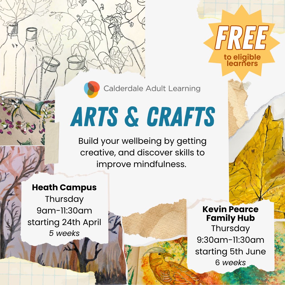 LearningCAL's tweet image. All new Engage courses coming soon to Heath Campus and Kevin Pearce Family Hub! Don't miss out on this fantastic opportunity to improve your wellbeing and discover mindfulness techniques, all while getting creative!
Get in touch to secure your place today! 01422 392820