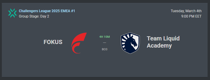 Playing vs <a href="/TeamLiquid/">Team Liquid</a> Academy in our first game of Challengers EMEA today.

Around 19/20 CET , right after the previous match is over.

#123FOKUS