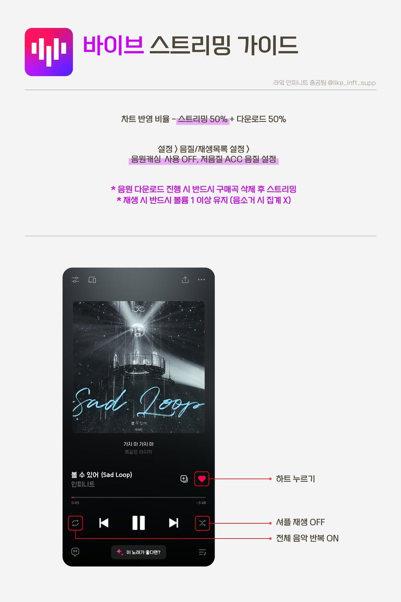 📢LIKE INFINITE 임시권장 스밍리스트 및 스밍가이드

3월 6일 (목) 오후 6시
기억해, 인피니트가 컴백하는 날🔥

음악사이트 스밍권 미리 준비해 주시고,
올려드린 스밍가이드도 숙지하셨다가
발매당일 바로 스트리밍 해주시기 바랍니다.

음원 발매 전 임시로 지정한 권장 스밍리스트입니다.
3/6