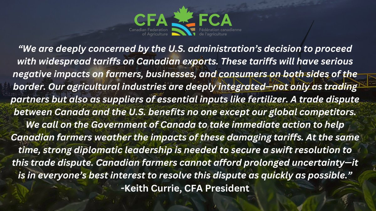 Tariffs will have severe negative consequences for farmers and consumers on both sides of the border, and will help no one except our global competitors. Click here to see CFA's previous press release regarding tariffs and their impact on #cdnag: cfa-fca.ca/2025/02/02/tar…
#cdnpoli