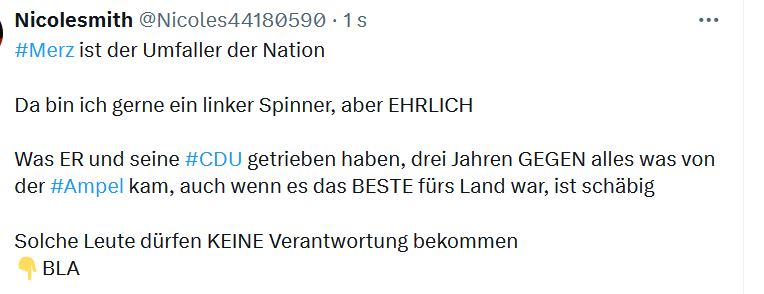 Wäre ich #CDU Wähler und kein linker Spinner, würde ich mich jetzt schon über die Wählertäuschung ärgern.

Nicht schlimm, könnt ihr in 4 Jahren wieder gut machen.

Bis dahin müsst ihr die Politik nehmen, die #Habeck voraus gesagt hat und der Umfaller #Merz jetzt umsetzt