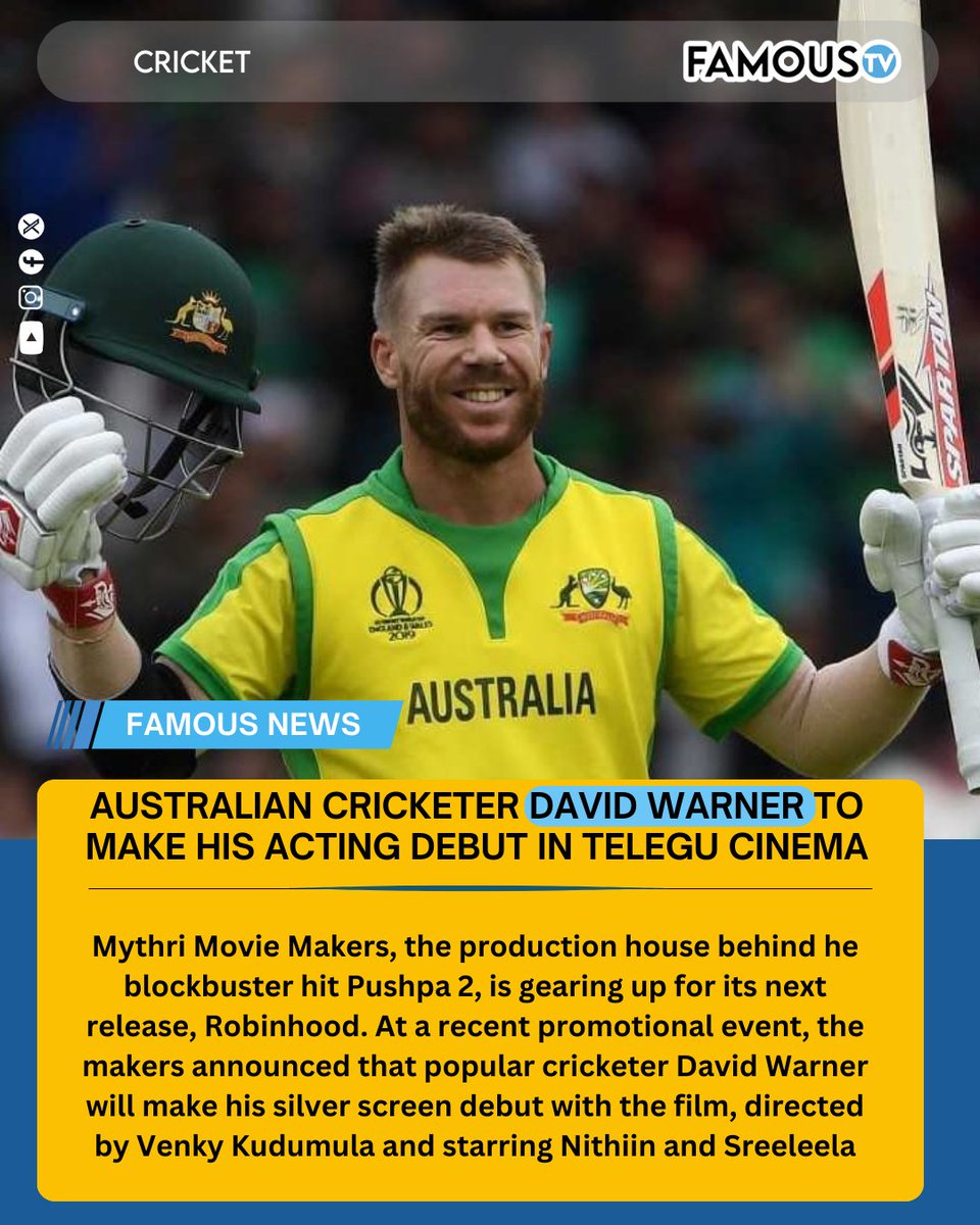 FamousTVIndia's tweet photo. After winning hearts in the Telugu states as a key player for Sunrisers Hyderabad, David Warner has built a unique fan base for his entertaining dance videos to Telugu songs, often featuring his family. #DavidWarner https://t.co/6bpEt6sQmv