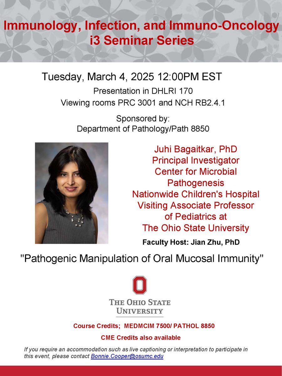 Join us MAR 4 at NOON for the #Immunology, #Infection, &amp; #ImmunoOncology (i3) Seminar Series, where Dr. Juhi Bagaitkar (<a href="/nationwidekids/">Nationwide Children's Hospital</a>) will give a seminar titled “Pathogenic Manipulation of #Oral_Mucosal_Immunity” #CME-credited  <a href="/OhioState/">Ohio State</a>
#MIIProud <a href="/OhioStateRheum/">Ohio State Rheumatology</a>