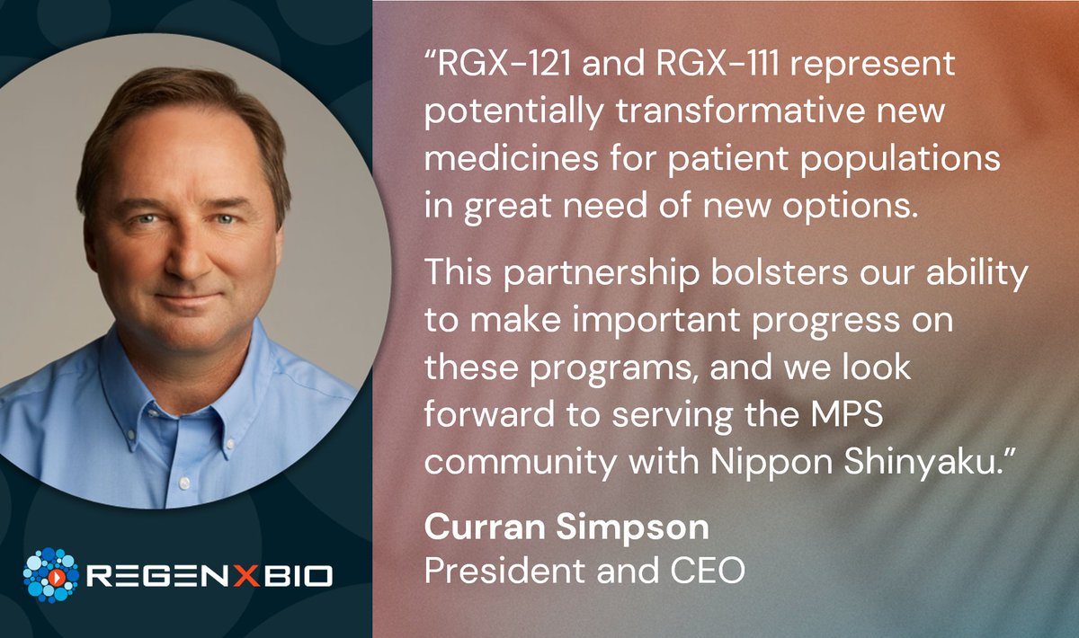 Today, we announced the closing of our strategic partnership with Nippon Shinyaku to develop and commercialize RGX-121 for MPS II and RGX-111 for MPS I. We look forward to working together to advance these programs for patients. Learn more: ir.regenxbio.com/news-releases/… $RGNX