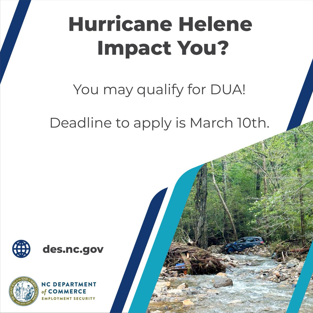 NCDES's tweet image. 📢 NC residents! The deadline for Disaster #Unemployment Assistance (DUA) has been extended to March 10, 2025! 🗓️ If you were impacted by #HeleneNC, you may qualify for financial support. 💰
Apply here 👉 des.nc.gov 
Learn More 👉 des.nc.gov/news/press-rel…