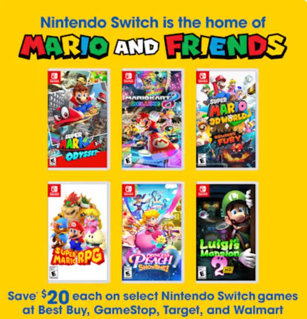 "Get in on the MAR10 Day fun and save! From March 9-15,  you can head to select retailers to save up to $20* (or more!) on select  games featuring Mario and friends, including Mario Kart™ 8 Deluxe,  Super Mario RPG™, Princess Peach™: Showtime!, and more."