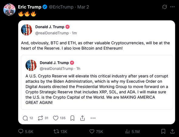 Presidential insider trading. Disgusting family 🤮

Trump initially only tweeted abt XRP, ADA &amp; SOL. This one hour before BTC &amp; ETH.

Why? Coz his family bought the coins just before the tweet. Then dumped on everyone.

48H later everything is back down: BTC $84K, SOL $138.