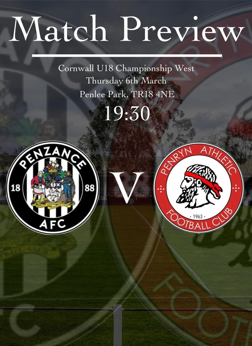 Penzance AFC (@penzanceafc) on Twitter photo YOUTH TEAM IN ACTION ON THURSDAY
Don't forget <a href="/PenzanceyouthFc/">Penzance Youth Afc</a> u18s have a crucial game against title rivals <a href="/penrynathletic/">Penryn Athletic F.C.</a> u18s at Penlee Park on Thursday night, kick-off 7.30pm. The Black & White Cafe inside the ground will be open from 7pm - please come down to support them! YOUTH TEAM IN ACTION ON THURSDAY
Don't forget <a href="/PenzanceyouthFc/">Penzance Youth Afc</a> u18s have a crucial game against title rivals <a href="/penrynathletic/">Penryn Athletic F.C.</a> u18s at Penlee Park on Thursday night, kick-off 7.30pm. The Black & White Cafe inside the ground will be open from 7pm - please come down to support them!