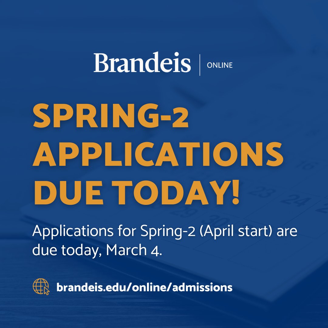 TODAY is the last day to apply for an April start!

Visit brandeis.edu/online/admissi… to submit your application. 💻

#Brandeis #BrandeisOnline #Admissions #Apply #HigherEducation