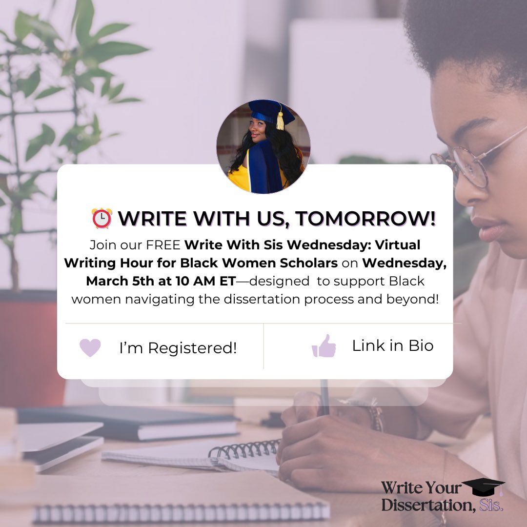 ✨Join us tomorrow for our free virtual writing hour for Black Women PhDs and Scholars — Registration closes today!! ✨

🔗: forms.gle/C6r4JTkssPPrDE…