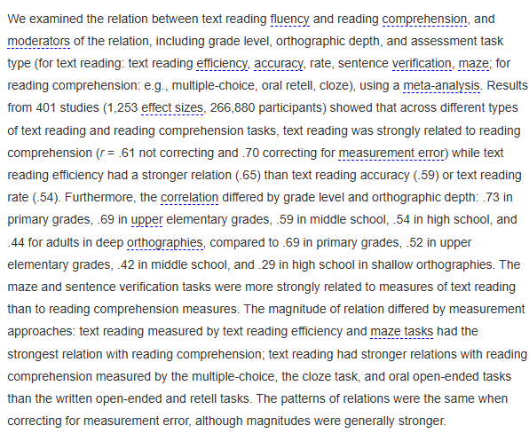 Meta analysis indicates robust relationship between reading fluency and comprehension (open) psycnet.apa.org/fulltext/2025-…