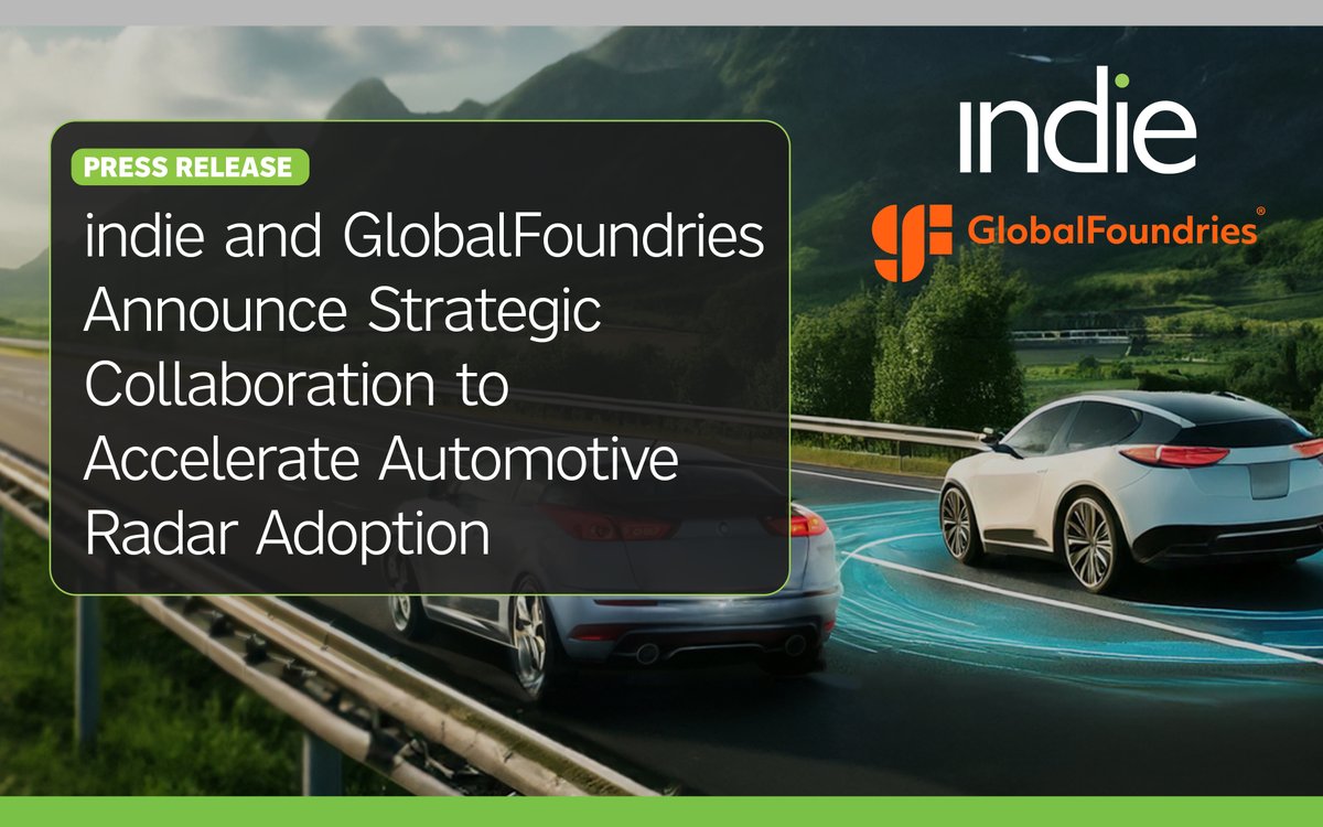indie is pleased to collaborate with <a href="/GlobalFoundries/">GlobalFoundries</a> to manufacture our radar SoCs on GF’s established 22FDX® platform. Our radar SoCs will target 77 and 120 GHz radar applications for ADAS and adjacent industrial apps. 

Read the full press release: bit.ly/3DeyOua