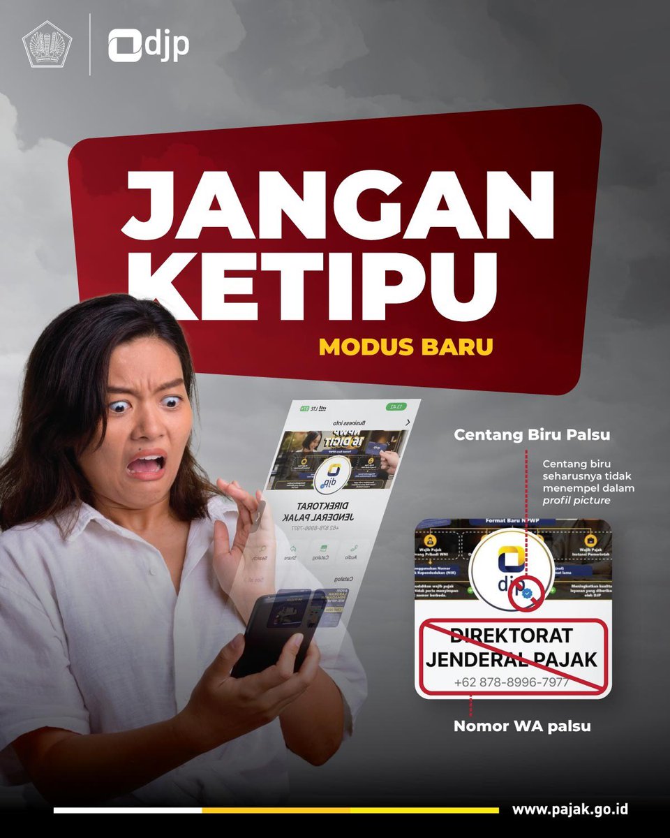DitjenPajakRI's tweet photo. #KawanPajak, waspada terhadap penipuan yang mengatasnamakan DJP! Pastikan Anda hanya berinteraksi dengan akun resmi DJP di X (@DitjenPajakRI) dan layanan informasi serta konsultasi melalui Kring Pajak (@kring_pajak).

Seluruh unit kerja DJP juga memiliki akun media sosial termasuk nomor Whatsapp resmi. Untuk memastikan keasliannya, cek daftar akun resmi di https://t.co/820HyfPnXS

Jaga keamanan data Anda dan jangan mudah percaya pada akun atau pihak yang tidak resmi.