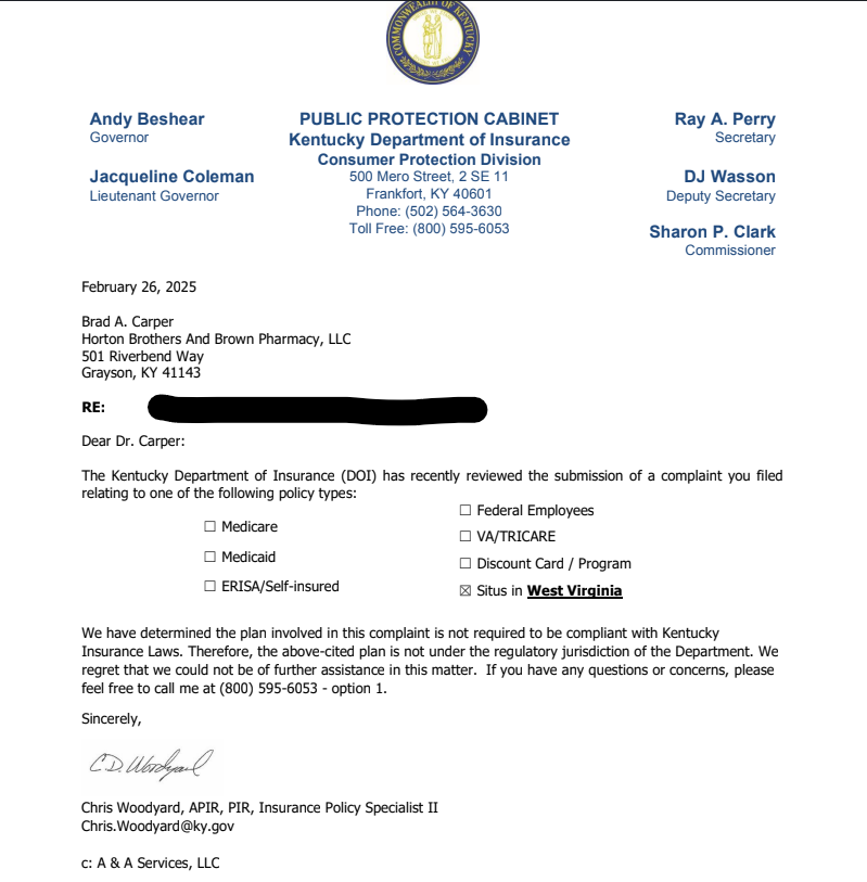 BradPharm's tweet image. Hey @AndyBeshearKY, why is your DOI Commissioner supporting companies listed on S&amp;amp;P 500 over citizens in our own state?

Below is an example of a pharmacy claim that I filed a complaint on. This patient lives in KY, works in KY, uses pharmacy services in KY. Yet, he's being…