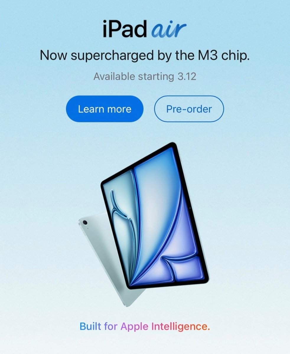 iPad Air M3 tablet launched, India price starts at Rs 59,900. Pre-orders started.

-#Apple M3 Chip, AI support
-8 Core CPU, 9 Core GPU
-New Magic Keyboard
-Upto 1TB storage
-460 gm for 11 inch
-617 gm for 13 inch
-Touch ID in Power Button
-12MP cameras
-WiFi 6e, BT 5.3

#iPadAir