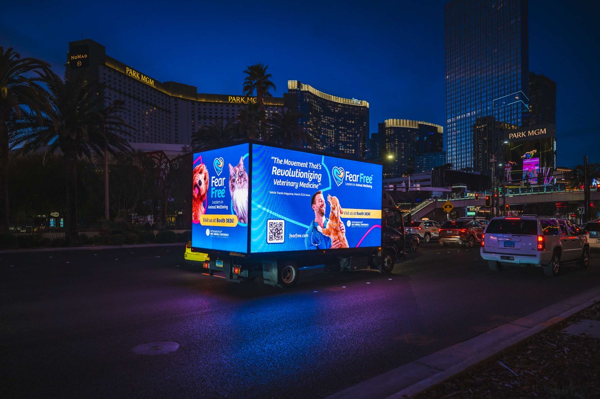 6pmarketing's tweet photo. It's Vegas, baby! Our client @fearfreepets is in Las Vegas this weekend for WVC, one of North America's largest animal health conferences, so we drew up these digital graphics specially for Las Vegas Boulevard. Now the whole town knows!

#FearFreePets #FearFreeVets #WVC2025 https://t.co/EVDjNCJ8X2