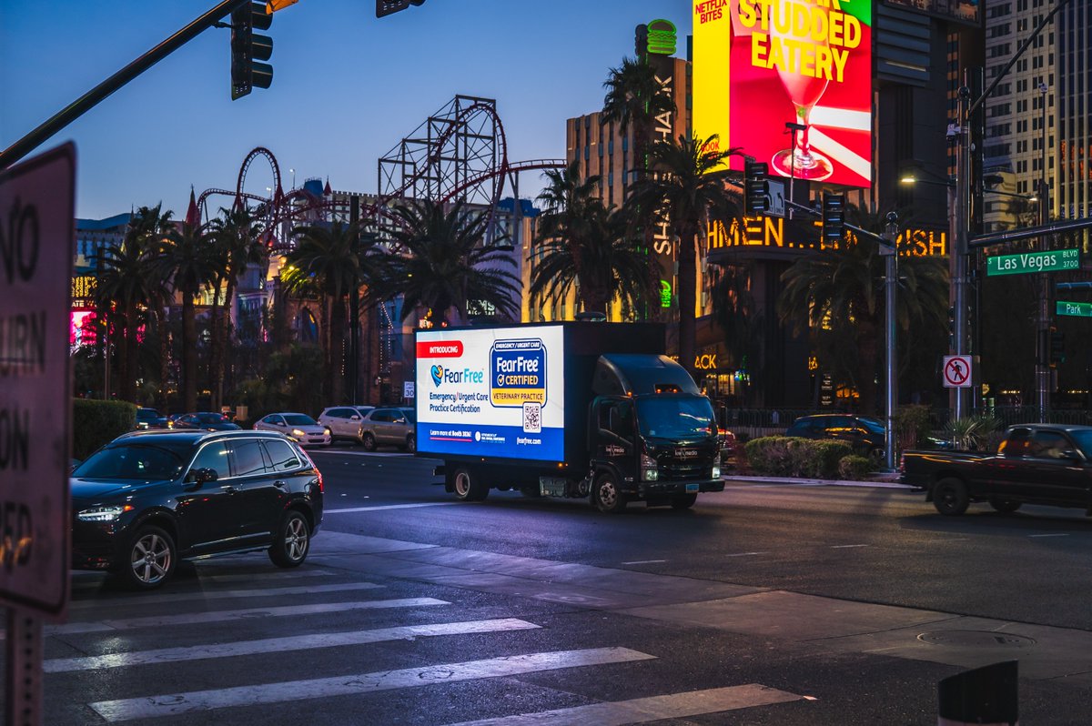6pmarketing's tweet photo. It's Vegas, baby! Our client @fearfreepets is in Las Vegas this weekend for WVC, one of North America's largest animal health conferences, so we drew up these digital graphics specially for Las Vegas Boulevard. Now the whole town knows!

#FearFreePets #FearFreeVets #WVC2025 https://t.co/EVDjNCJ8X2