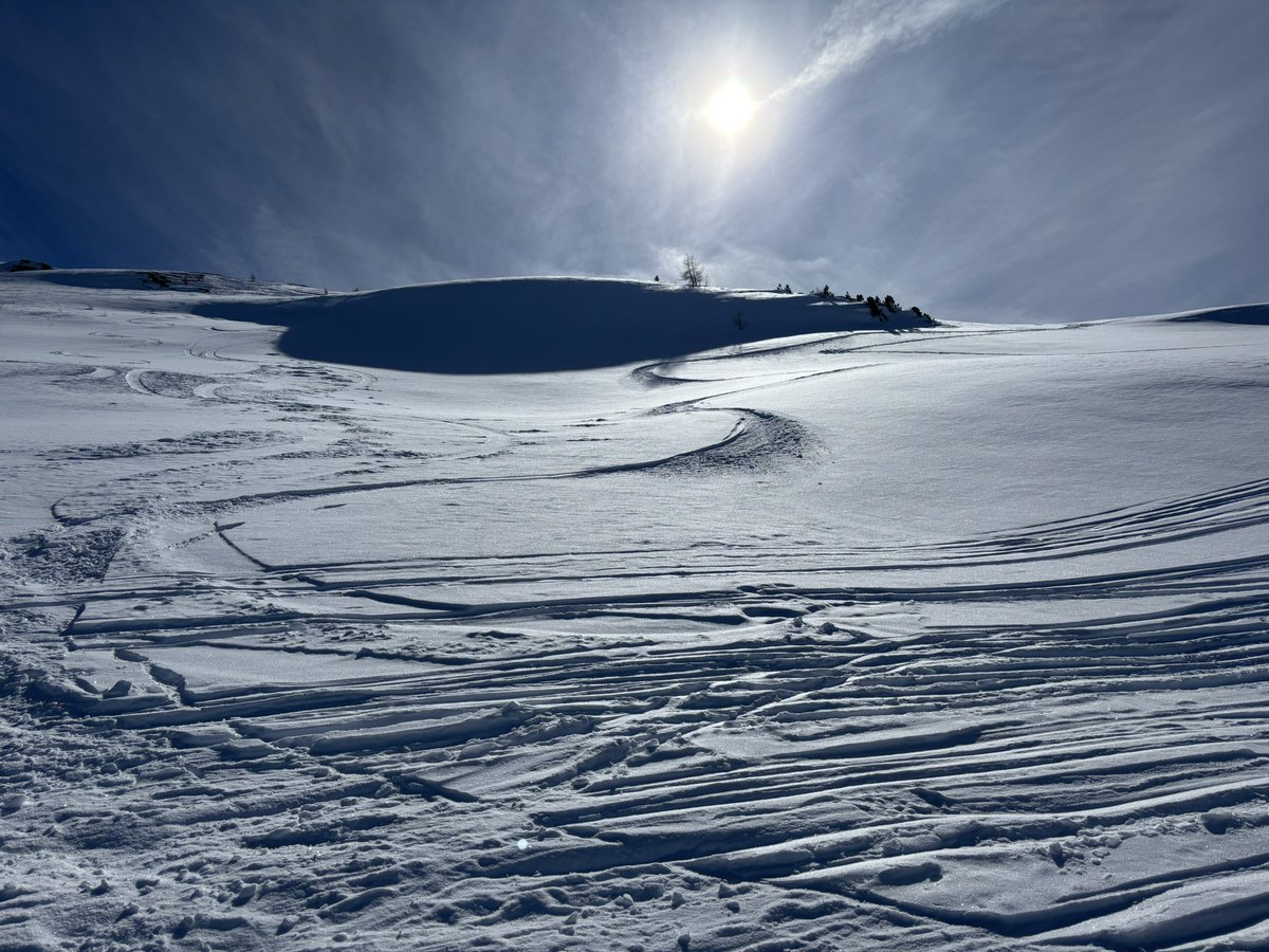 Skinned up to Mont Rouge today, a favourite ascent offering views to the Dent Blanche and even - v small in centre frame - the Matterhorn. Every type of snow condition in the run down, even a little pocket of powder!