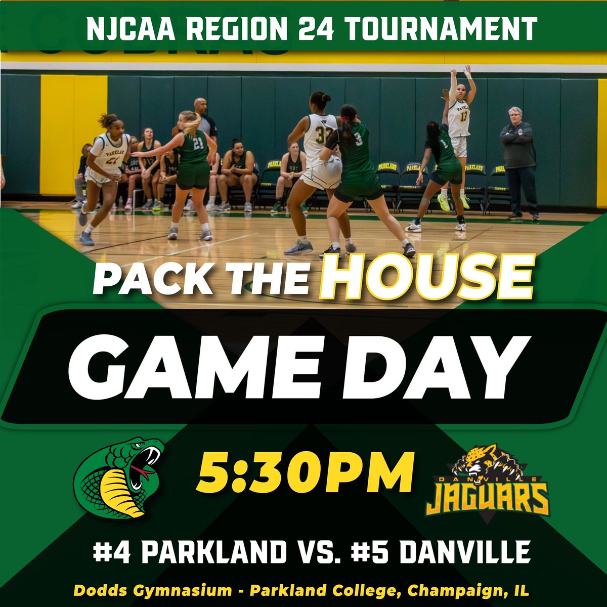 We need your support TONIGHT at 5:30! Parkland is taking on Danville at home in round one of the NJCAA Region 24 Tournament. Come and PACK THE HOUSE Cobra Nation! 
Livestream: fan.hudl.com/usa/il/champai…
