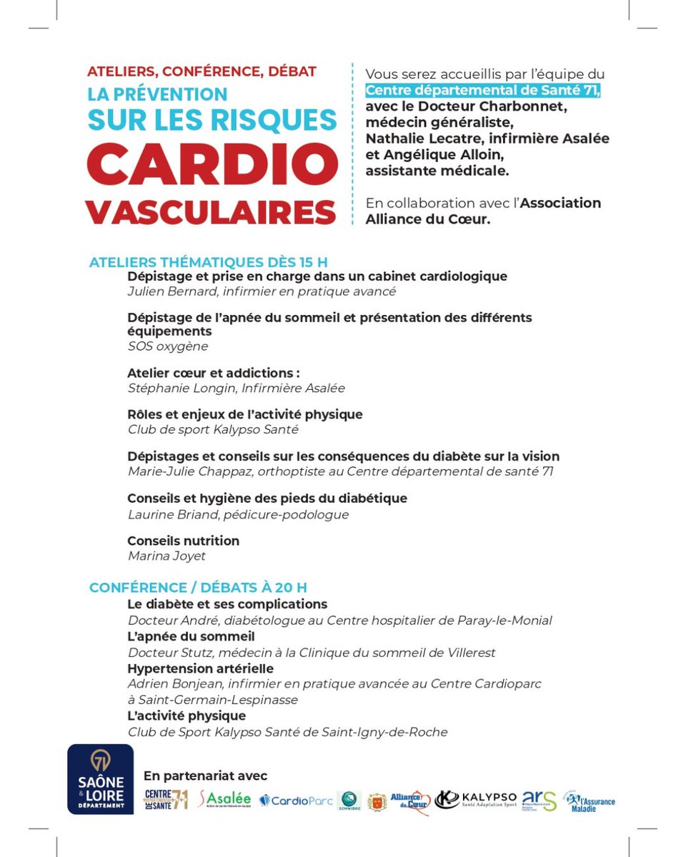 📢 Vous habitez en Saône et Loire ? Participez à une journée dédiée à la prévention des risques cardiovasculaires en présence de professionnels de santé.
📅 Lundi 24 mars 2025
📍 Centre départemental de Santé 71, à Chauffailles, salle Léonce Georges.
Entrée gratuite.