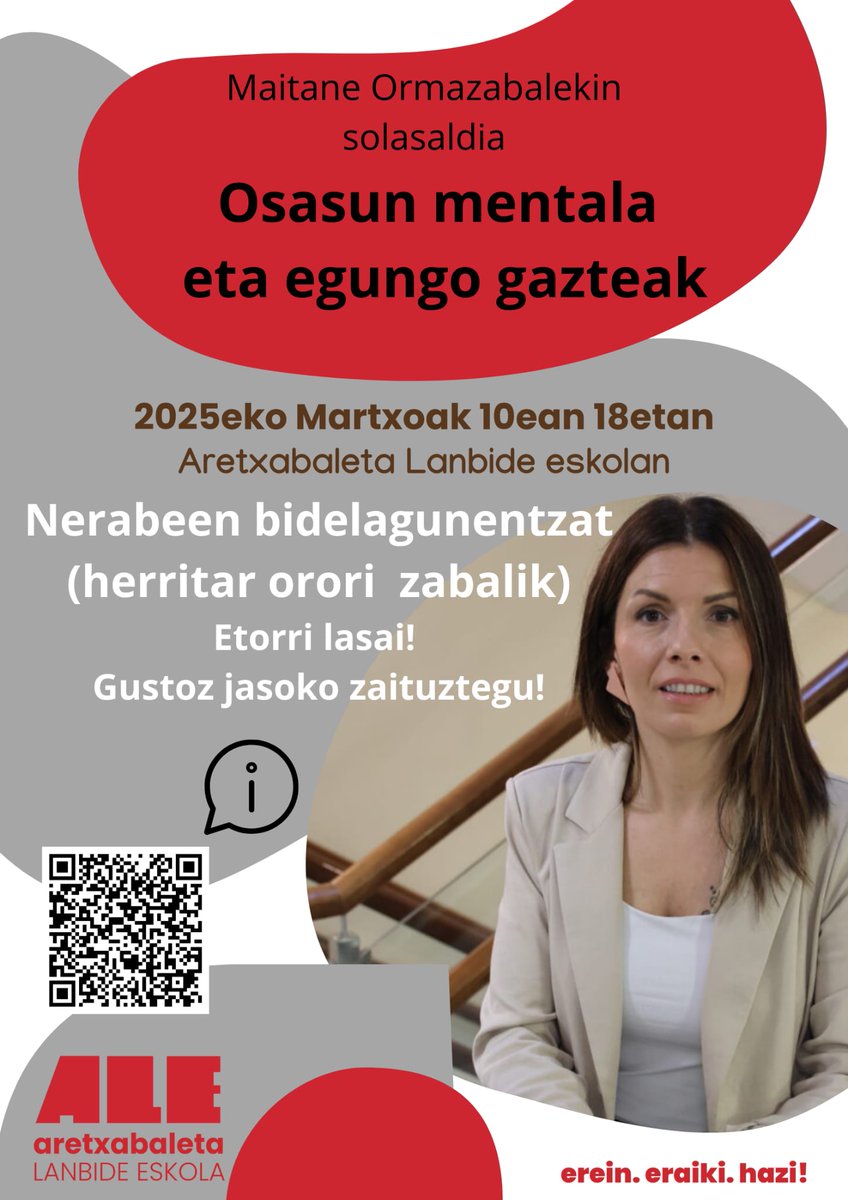 🔷Nerabeen bidelagunentzako hitzaldia.
Maitane Ormazabalekin
Data: martxoak 10, astelehena
Tokia: Aretxabaleta Lanbide Eskola
🕜18etan
🗣️Hizlaria: Maitane Ormazabal
🎧Hizkuntza: Euskara (Telegram bidezko itzulpen-aukera)
QRan izena eman!!!
<a href="/AretxabaletakoU/">Aretxabaletako Udala</a> <a href="/FPeuskadi/">FPeuskadi</a>