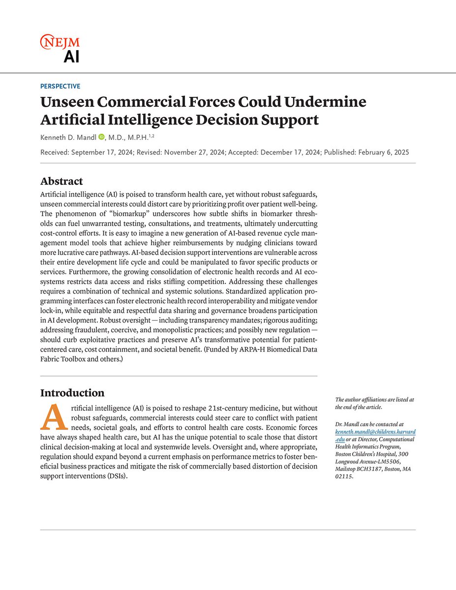 Perspective by Kenneth D. Mandl, MD, MPH (<a href="/mandl/">Ken Mandl</a>): Unseen Commercial Forces Could Undermine Artificial Intelligence Decision Support nejm.ai/4hyjmYB 

#AIinMedicine
