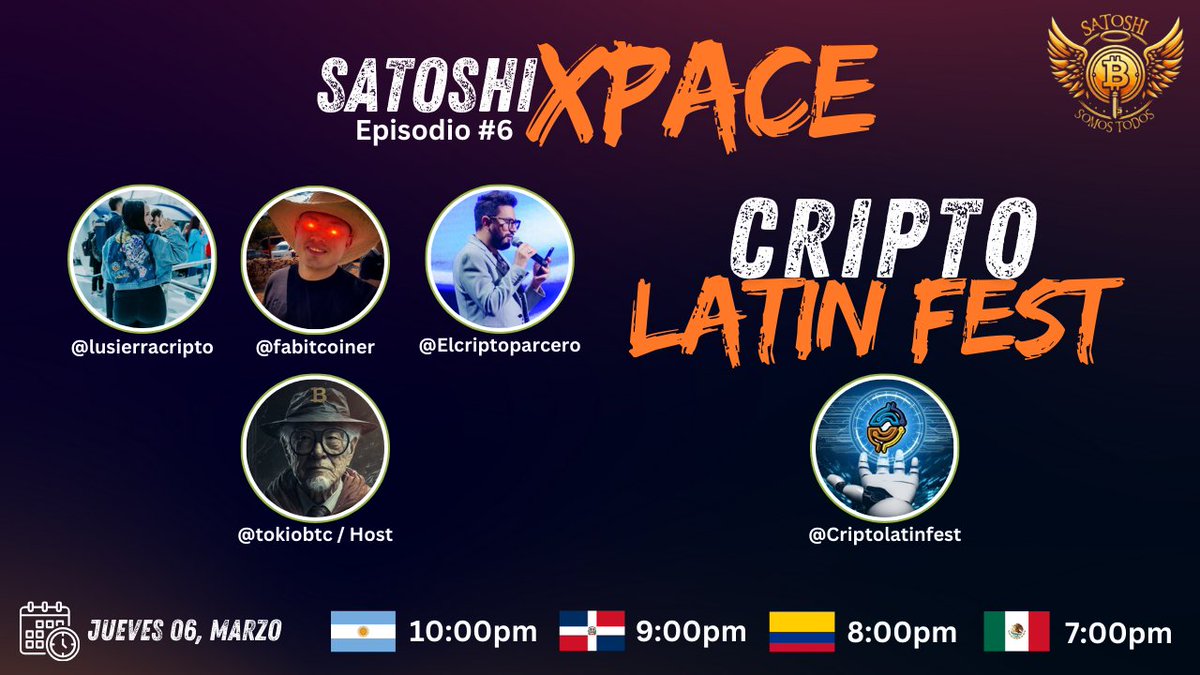 unidosxsatoshi's tweet image. 📢 ¡Atención comunidad cripto! 🚀

Este jueves tenemos un #SatoshiXpace muy especial con los organizadores del #CriptoLatinFest, el evento más grande de blockchain y criptomonedas en Latinoamérica. 

Hablaremos sobre la 8va edición en #Medellín 🇨🇴 y lo que traerán para la…