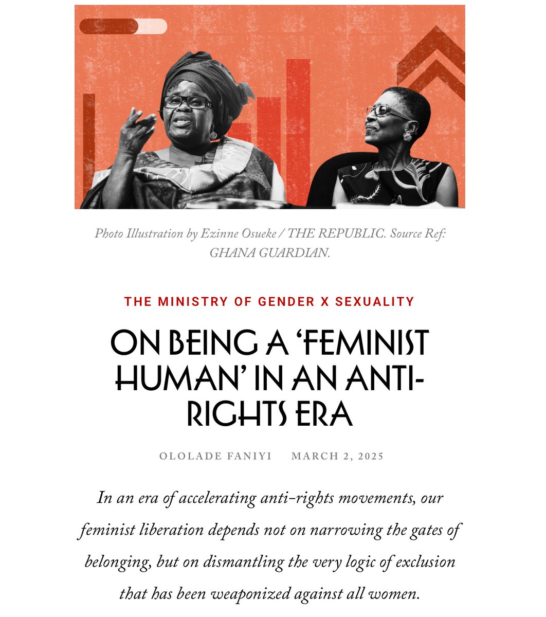 Ololade Faniyi (@lolamargaret_) on Twitter photo In honor of International Women’s Day and Women’s History Month, I wrote this article for <a href="/republicjournal/">The Republic</a> exploring how African feminist thought invites us to question what it means to be a "feminist human" in an anti-rights era.
ololadefaniyi.com/media/ In honor of International Women’s Day and Women’s History Month, I wrote this article for <a href="/republicjournal/">The Republic</a> exploring how African feminist thought invites us to question what it means to be a "feminist human" in an anti-rights era.
ololadefaniyi.com/media/