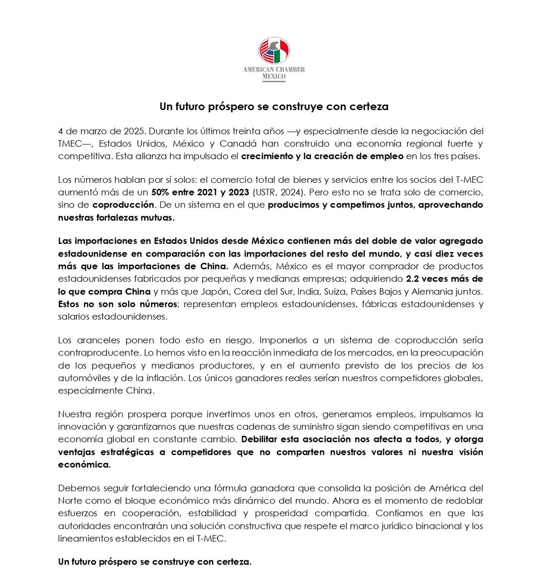Un futuro próspero se construye con certeza. 

Los aranceles son contraproducentes para nuestro sistema de coproducción regional. Ahora es el momento de redoblar esfuerzos para fortalecer a Norteamérica.

Comunicado de prensa:
🔎📑 bit.ly/4h6DfFd