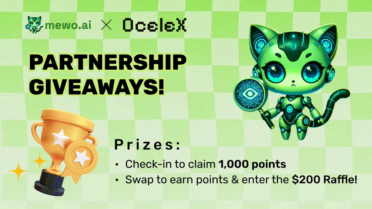 🎉@MeWo_AI x <a href="/OcelexFi/">Ocelex</a> Partnership Giveaways!

✅ Check in at MeWo.AI for 1,000 MeWo points
🔄 Swap $USDC/$OCX at Ocelex.Fi for MeWo points &amp; enter the $200 Raffle

Tasks on Galxe: app.galxe.com/quest/NLRYu9dU…

🔥Trade &amp; get rewarded only on <a href="/ZircuitL2/">Zircuit</a>!