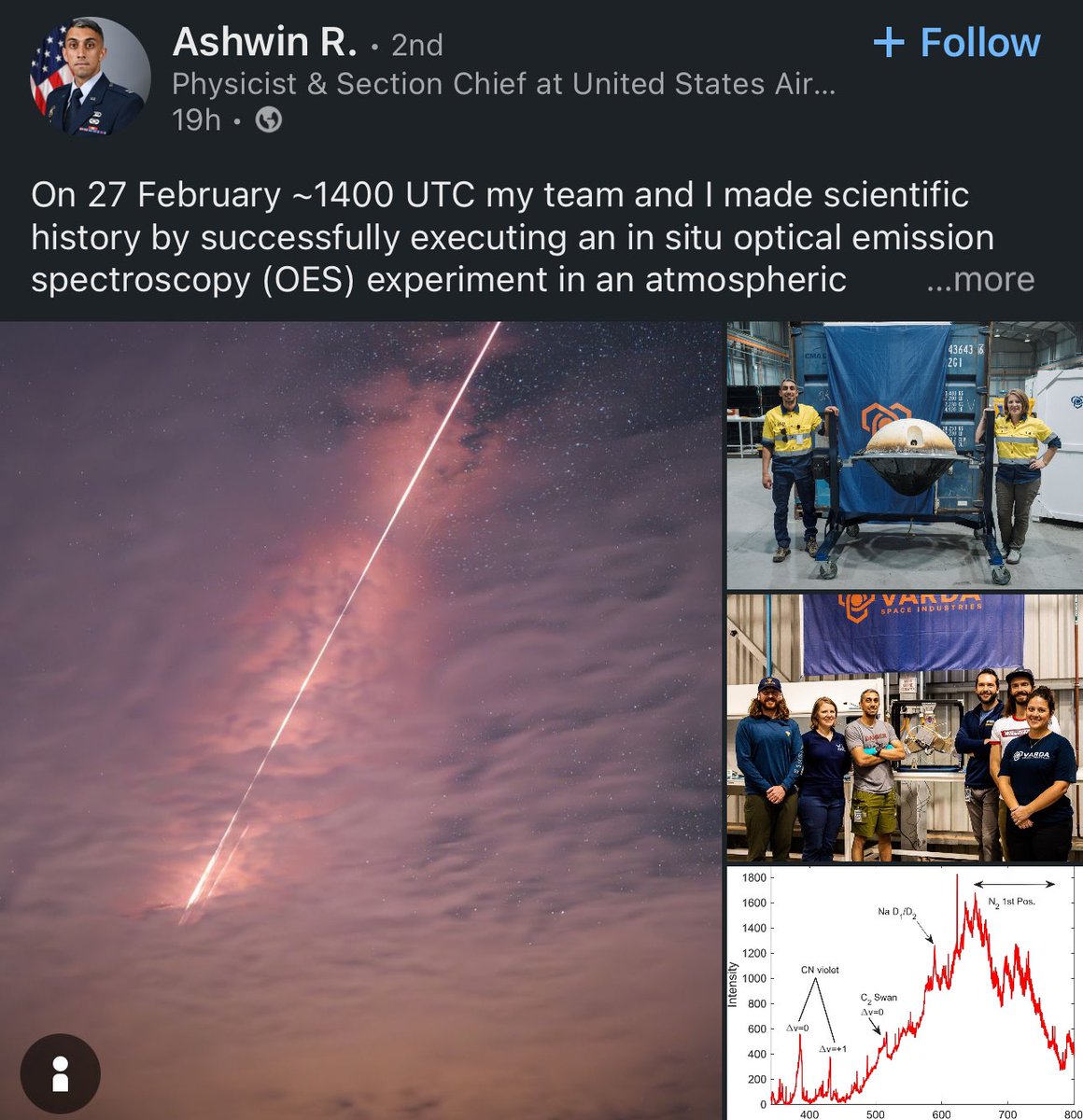 DrChrisCombs's tweet photo. Varda just demonstrated in situ emission spectroscopy during reentry

Boom just demonstrated in flight background oriented schlieren

Would love to see SpaceX step up their efforts in conducting publicly available cutting edge science. Every Starship flight could be a piggy back test bed for 50 different academic science experiments
