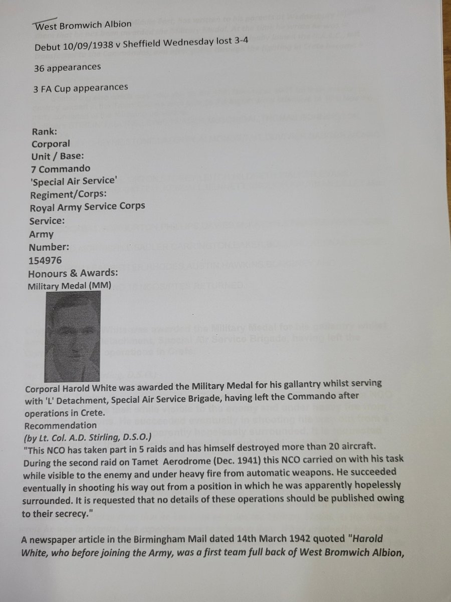 I'm after any surviving relatives of sergeant Harold White from Wednesbury ,one of the original members of the SAS under Paddy Mayne and David Stirling he also played for <a href="/WBA/">West Bromwich Albion</a> before and after WW11 please DM and re post 🙏👍