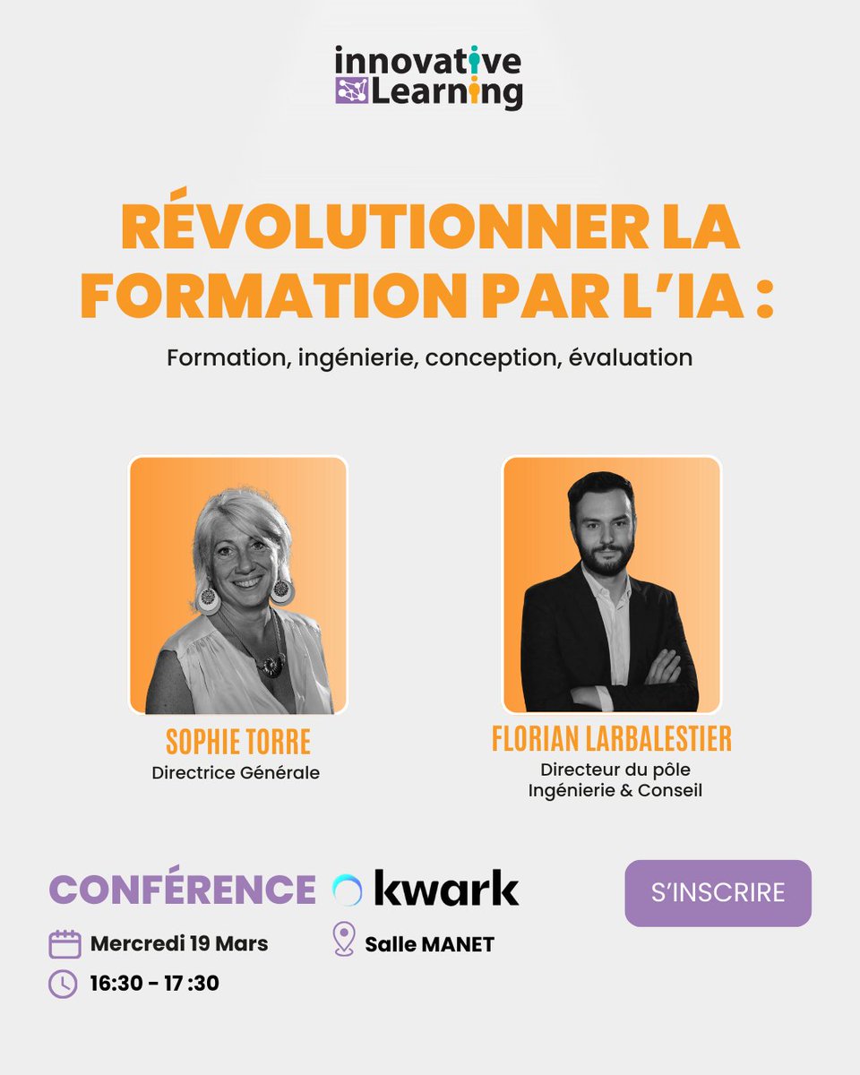 Innovative Learning (@innov_learning) on Twitter photo Découvrez la conférence incontournable animée par SOPHIE TORRE, Directrice Générale de
<a href="/KwarkEducation/">Kwark Education</a> et Florian Larbalestier, Directeur du pôle Ingénierie & Conseil de Kwark. Rdv le 19 mars à 16h30, Salle MANET.
Inscrivez-vous dès maintenant 👉urlr.me/E8xCv9 Découvrez la conférence incontournable animée par SOPHIE TORRE, Directrice Générale de
<a href="/KwarkEducation/">Kwark Education</a> et Florian Larbalestier, Directeur du pôle Ingénierie & Conseil de Kwark. Rdv le 19 mars à 16h30, Salle MANET.
Inscrivez-vous dès maintenant 👉urlr.me/E8xCv9