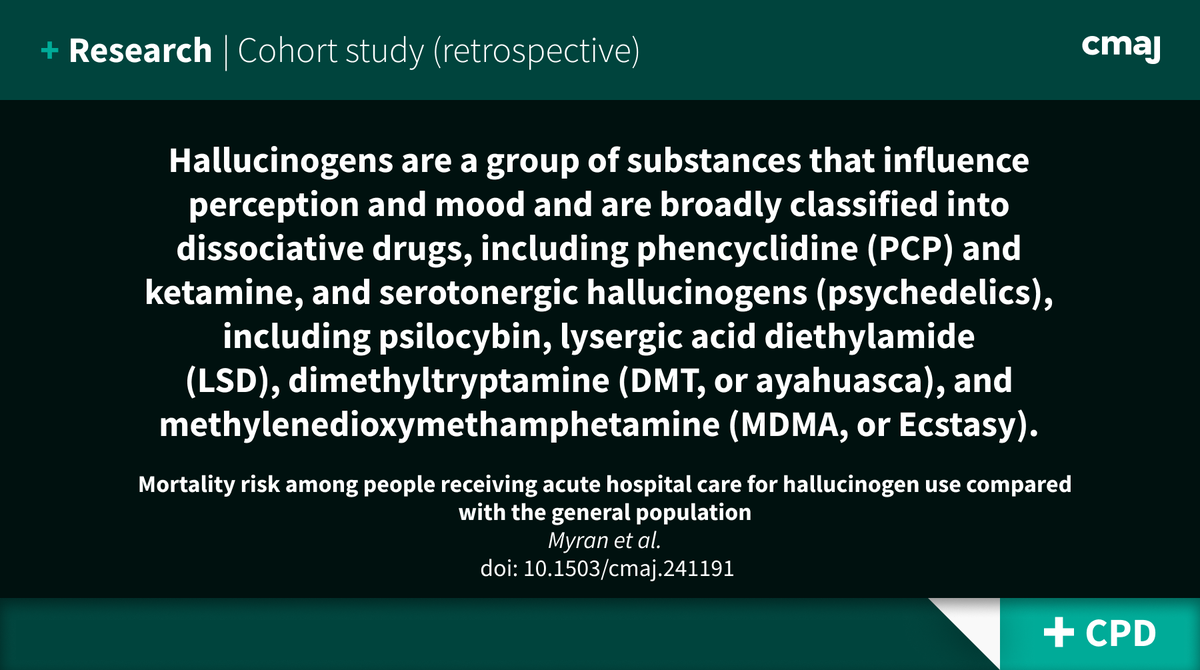 Hallucinogens and mortality:
Requiring hospital-based care for hallucinogen use was associated with increases in risk of death relative to the general population, particularly from suicide.
➡️ cmaj.ca/lookup/doi/10.…