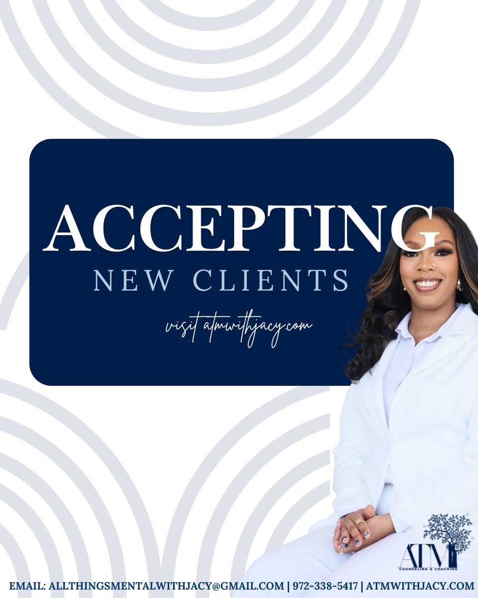 ATMwithJacy's tweet photo. Now accepting new clients!

All Things Mental with Jacy Counseling and Coaching offers individual, couples, and family therapy with a focus on trauma, depression, and overall mental wellness. Specializing in working with BIPOC & LGBTQIA individuals (14+), every session is tailored to meet your unique needs.

📍 Virtual sessions available

📩 Book now: Allthingsmentalwithjacy@gmail.com | https://t.co/T0cOgp44F7