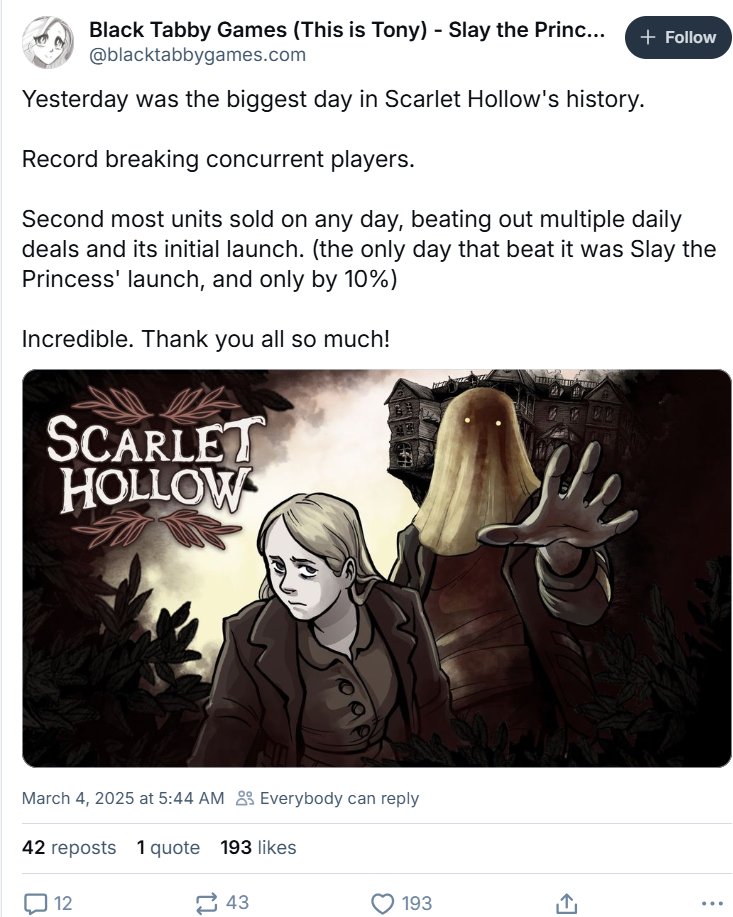 Robert Brown (@technaciousb) on Twitter photo Incredibly proud to be working with <a href="/blacktabbygames/">Black Tabby Games-Slay the Princess/Scarlet Hollow</a> again, and now expanding our partnership with Scarlet Hollow. Yes, I am screenshotting posts on BlueSky. Incredibly proud to be working with <a href="/blacktabbygames/">Black Tabby Games-Slay the Princess/Scarlet Hollow</a> again, and now expanding our partnership with Scarlet Hollow. Yes, I am screenshotting posts on BlueSky.
