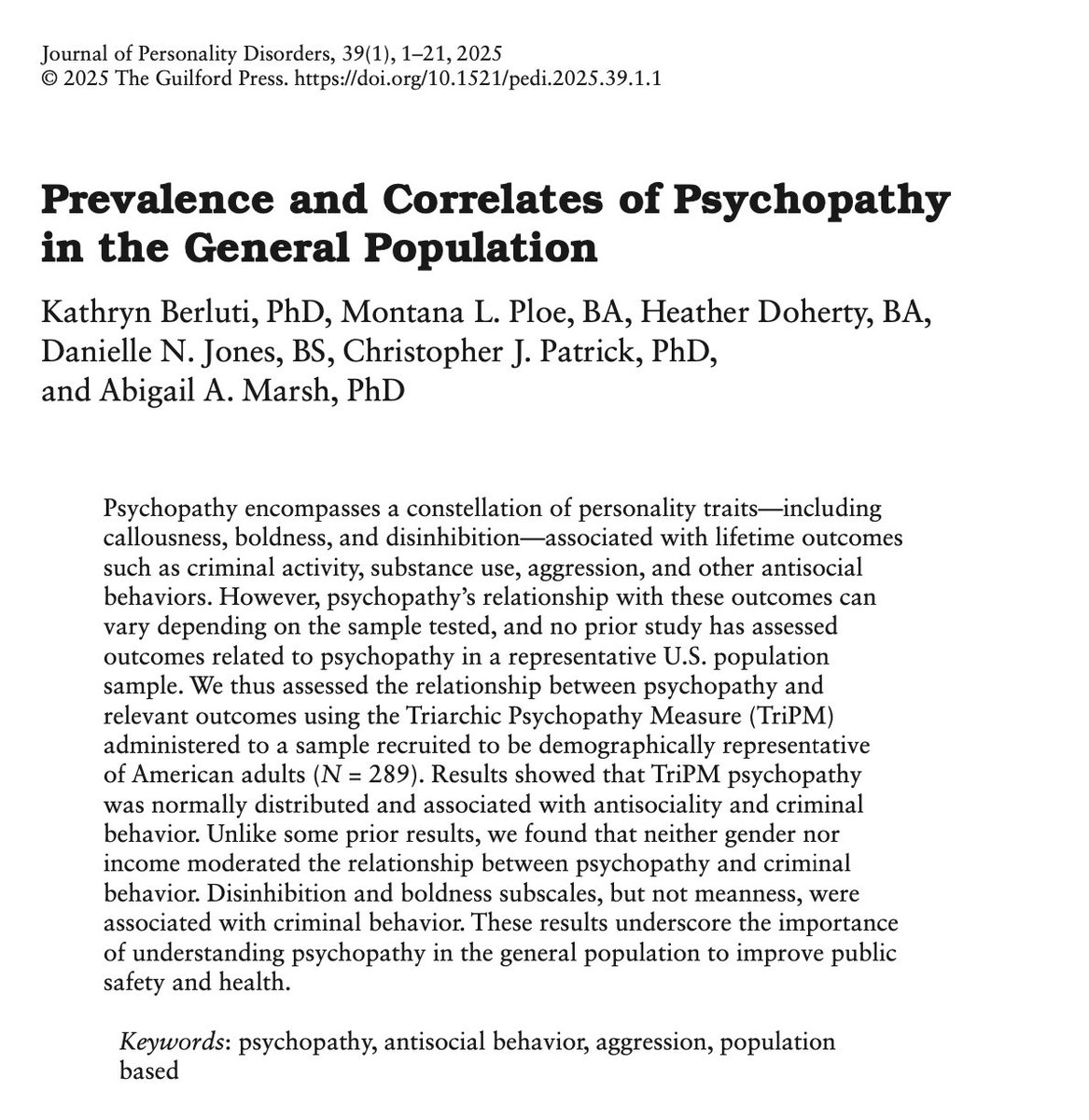 aa_marsh's tweet photo. What is the average level of psychopathy in the  community? How many of the people around us have very high levels of psychopathy? What are they like? My colleagues @BerlutiKathryn @MontanaPloe @heather_doh (and others!) assessed psychopathy in a quasi-representative sample. https://t.co/RICqzVZ0S0