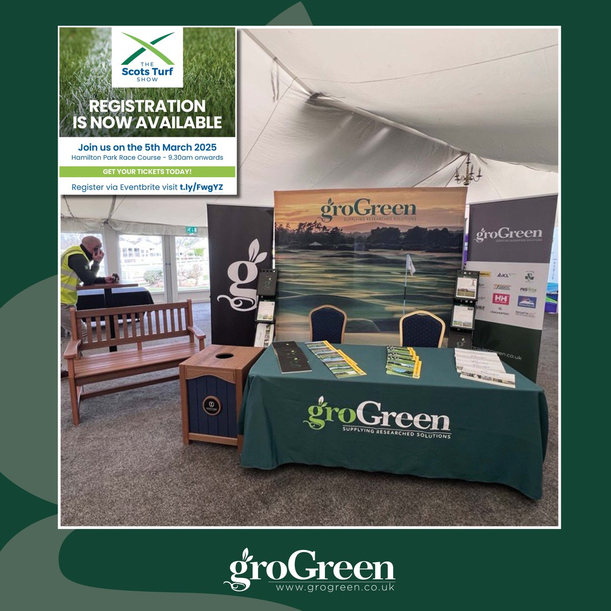 We're all set up &amp; ready for Scots Turf Show tomorrow at Hamilton Park Race Course!
Are you going? Swing by the stand! We’ve got some fantastic products on display - the eCutter 3.0, the Pinseeker Luxewood bench &amp; bin, plus plenty of new literature!
Come by &amp; have a chat!
