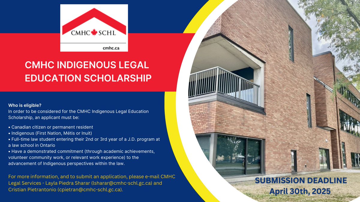 UWinFinancialMatters (@uwinfin) on Twitter photo As part of their commitment to supporting reconciliation and Indigenous representation within the Canadian legal community, CMHC Legal Services Division is pleased to offer a scholarship in 2025 to an eligible law student who is indigenous. Email: cpietran@cmhc-schl.gc.ca As part of their commitment to supporting reconciliation and Indigenous representation within the Canadian legal community, CMHC Legal Services Division is pleased to offer a scholarship in 2025 to an eligible law student who is indigenous. Email: cpietran@cmhc-schl.gc.ca