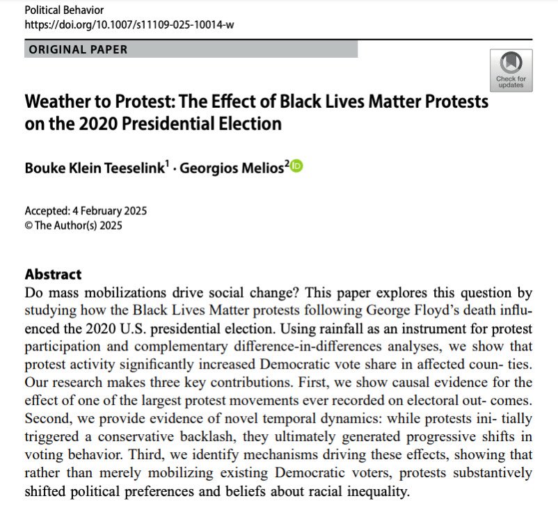 George Melios (@georgemelios) on Twitter photo 1/ 📣 PUBLICATION ALERT - Our paper on the effect of BLM protests on the 2020 presidential election is now available online in <a href="/PolBehavior/">Political Behavior</a> ! Joint work with my great friend and co-author <a href="/BKleinTeeselink/">Bouke Klein Teeselink</a> 1/ 📣 PUBLICATION ALERT - Our paper on the effect of BLM protests on the 2020 presidential election is now available online in <a href="/PolBehavior/">Political Behavior</a> ! Joint work with my great friend and co-author <a href="/BKleinTeeselink/">Bouke Klein Teeselink</a>