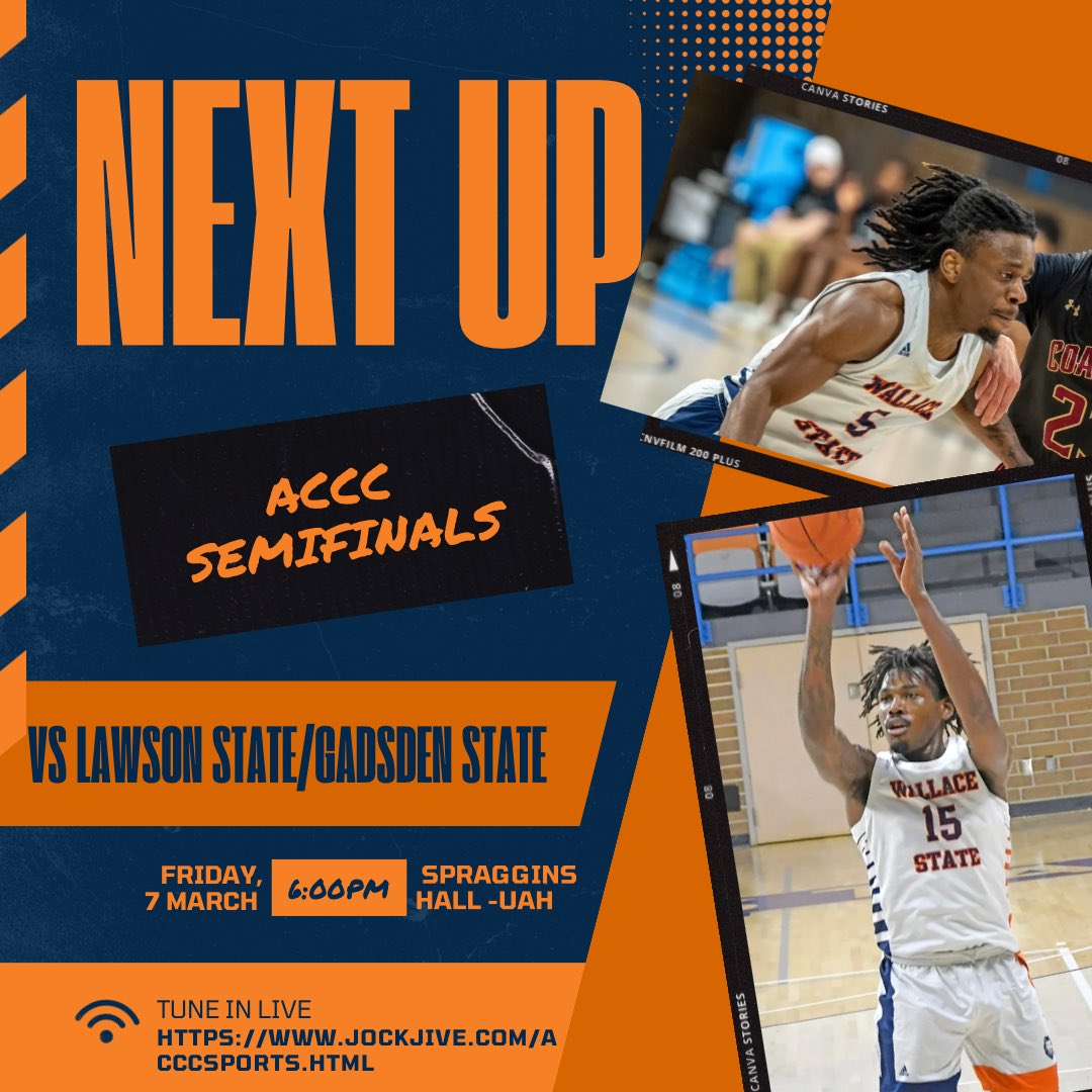 WallaceStHoops's tweet image. Lions in Action next in the ACCC Semifinals on Friday Night on the campus of UAH in Spragins Hall!! 
Wallace State will take on the winner of the Lawson State and Gadsden Matchup that happens on Thursday Evening!! 

Tune in on JockJive Sports.  
📺 : jockjive.com/acccsports.html