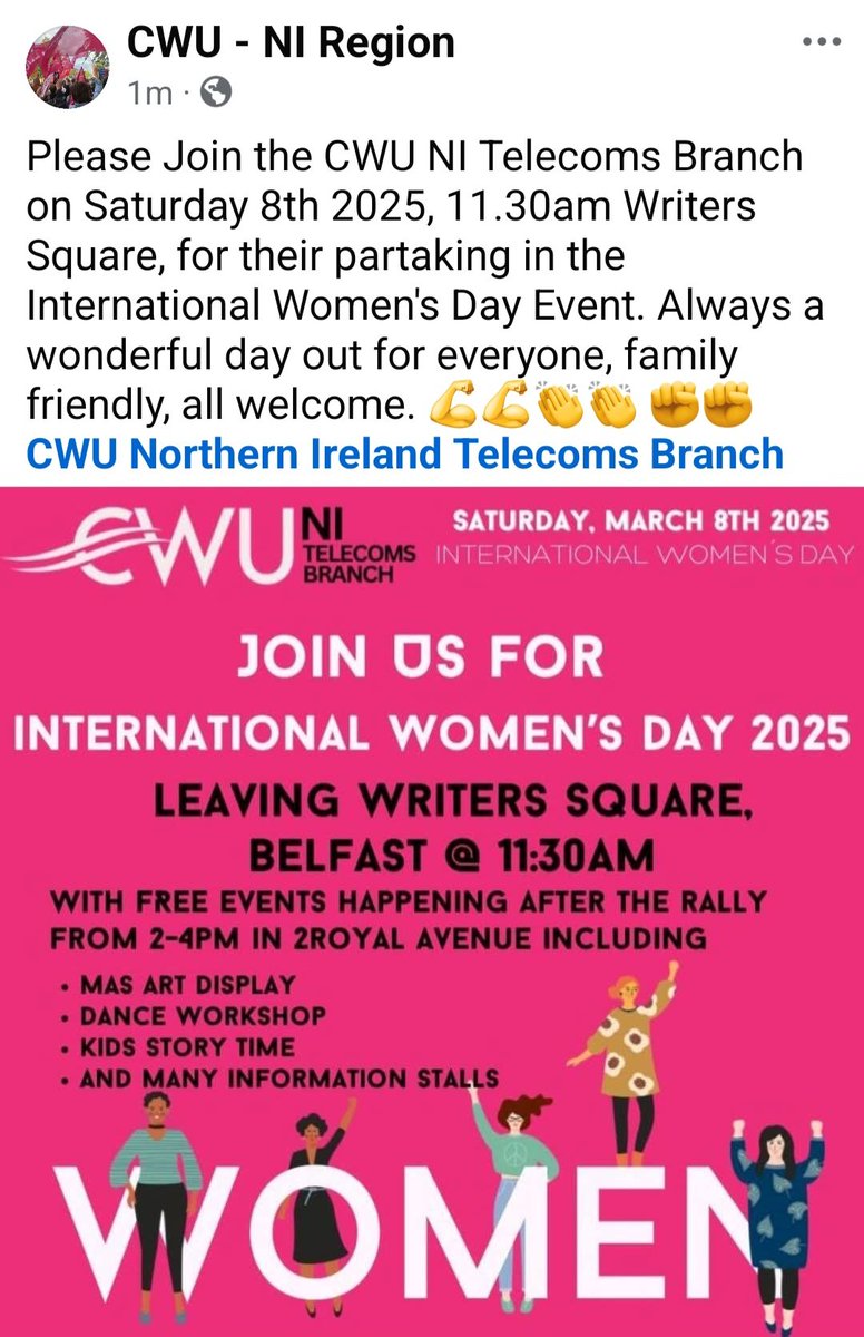 A great event, International Women's Day Belfast City Centre 11.30am Writers Square. Please come along and support, all welcome. <a href="/NIC_ICTU/">NIC ICTU</a> <a href="/BDTUC/">BelfastTradesCouncil</a> <a href="/KerryCwu/">Kerry Fleck</a>