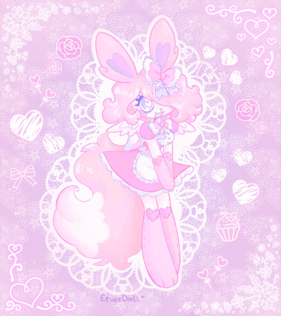 To try to start uploading art again, here is my sylveon sona, Dollette! 🩷🎀